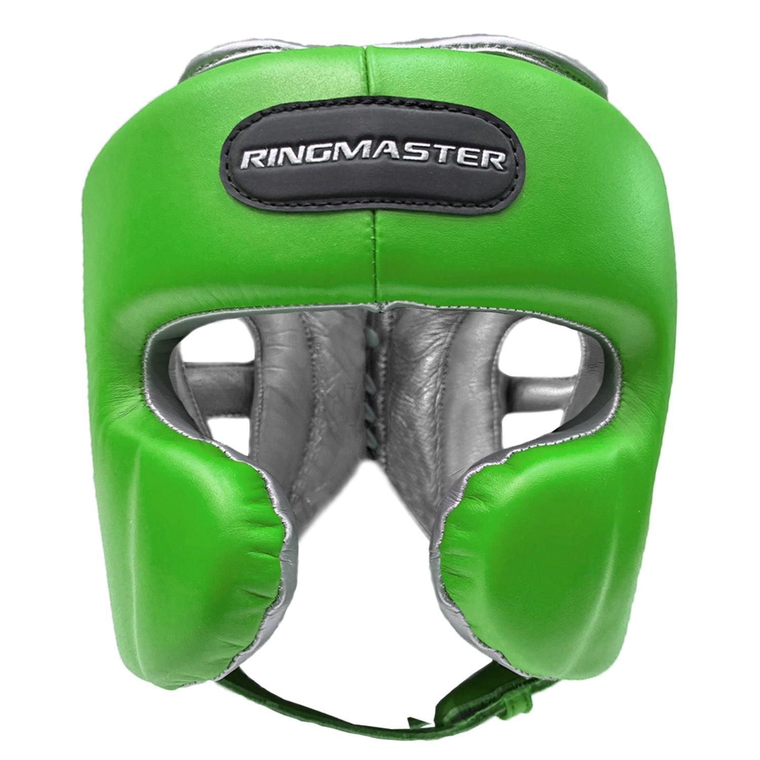 Head guard Boxing, Best boxing head guard, boxing head guard uk, boxing head guard junior, boxing head guard kids, boxing head guard open face, Boxing head guard for sale, face guard boxing, boxing headgear, chin cheek head guard,  Head guard Boxing green silver, Ringmaster Sports Head guard, Ringmaster Sports Equipment, Ringmaster boxing Equipment