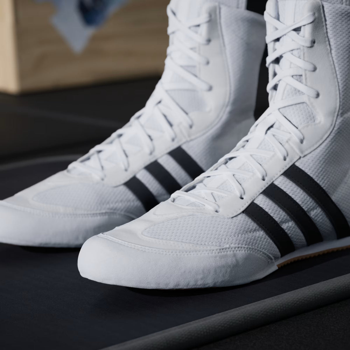 adidas Box Hog 2 White boxing footwear showing the lightweight mid-cut boxing shoe design