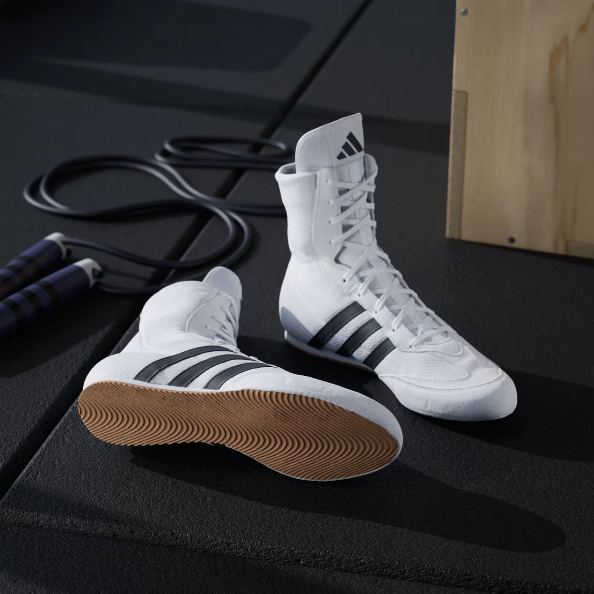 Pair of adidas Box Hog 2 White boxing shoes shown together from an angled product view
