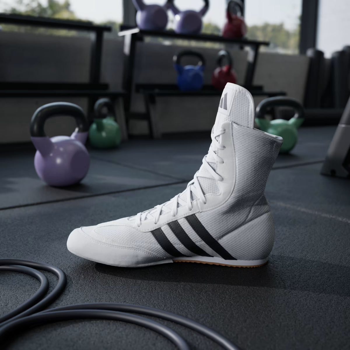 adidas Box Hog 2 White boxing shoe showing the rubber outsole used for boxing footwork