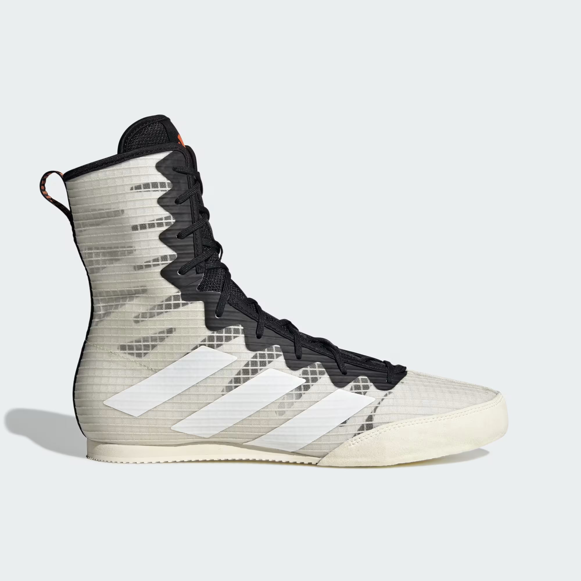 Side view showing lightweight structure of adidas Box Hog boxing shoes grey