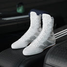 adidas Box Hog white boxing shoes worn during boxing training and footwork drills