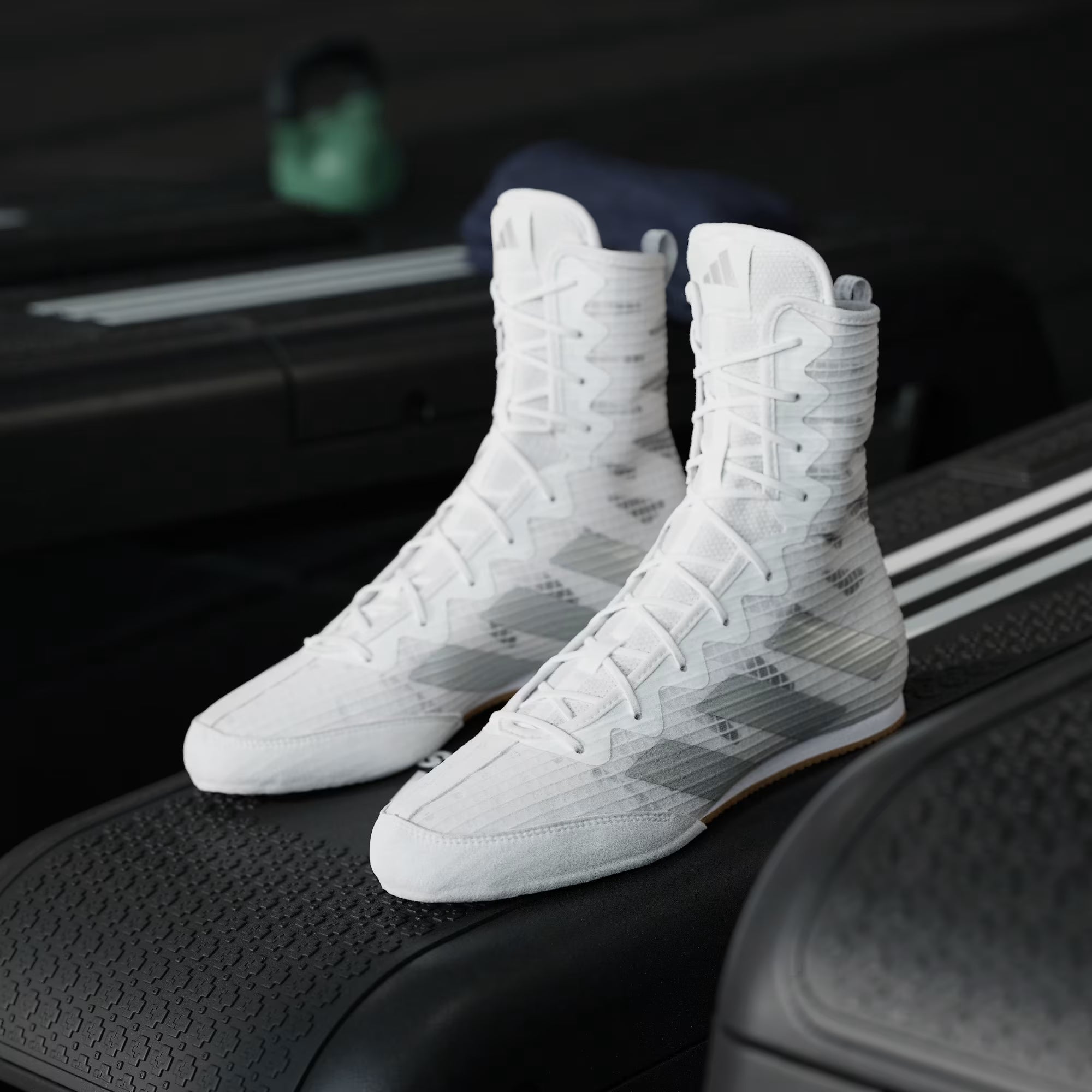 adidas Box Hog white boxing shoes worn during boxing training and footwork drills