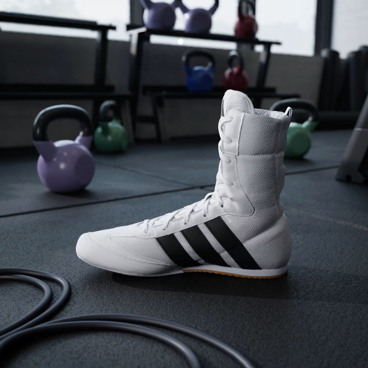adidas Box Hog Classic Cloud White/Core Black boxing shoes worn during a technical gym session