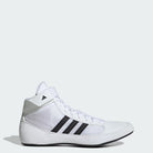 Front view of Adidas men’s wrestling shoes in Cloud White and Core Black, designed for lightweight performance and mat grip.