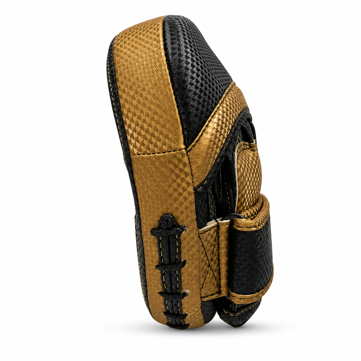 Side view of Zander x RingMaster Focus Pads Black Gold showing wraparound Velcro closure and hand fit area