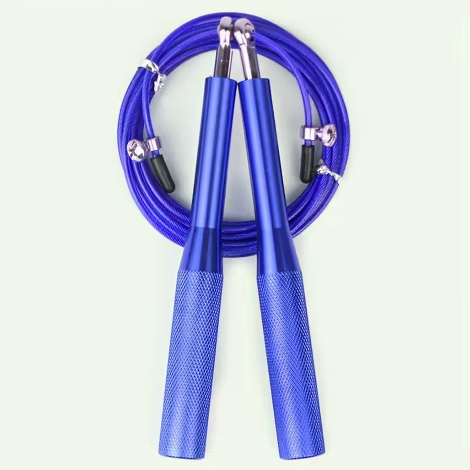 Blue adjustable speed jump rope with steel cable