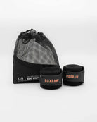 Boxraw 4.5m Sparring Club Hand Wraps Black Orange shown with washable carry pouch