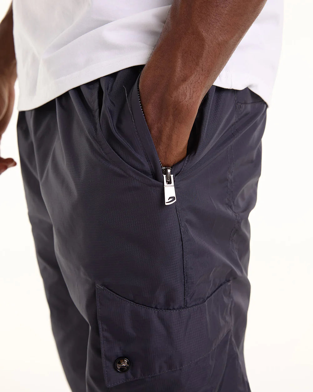 Close-up of zip pocket and stretch cuff detail on Boxraw Dundee Cargo Pants Charcoal