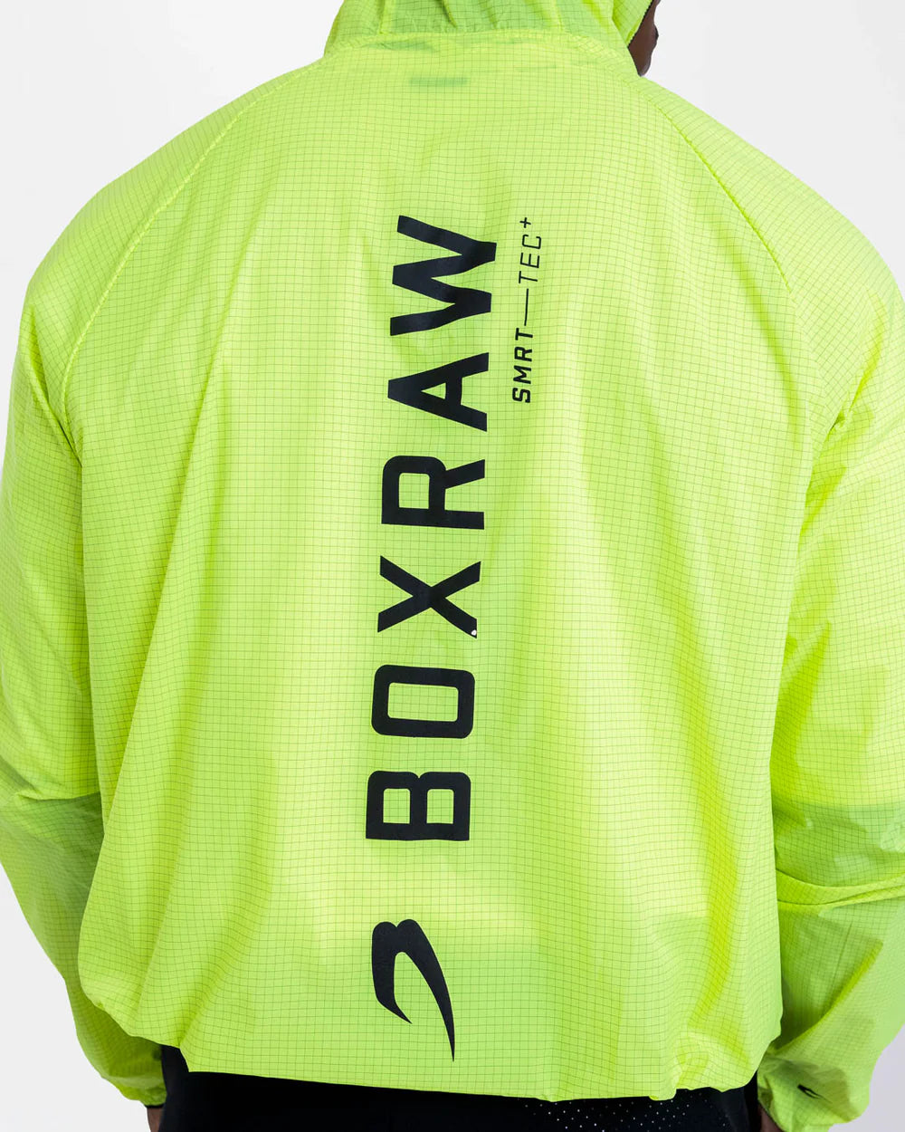 Close-up of reflective shoulder and back logo detail on Boxraw Genaro hoodie
