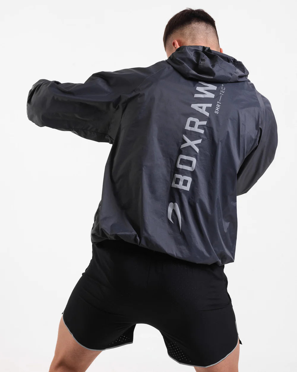 Back view of Boxraw Genaro Oversized Windbreaker Hoodie Black with reflective logo detail