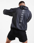 Back view of Boxraw Genaro Oversized Windbreaker Hoodie Black with reflective logo detail