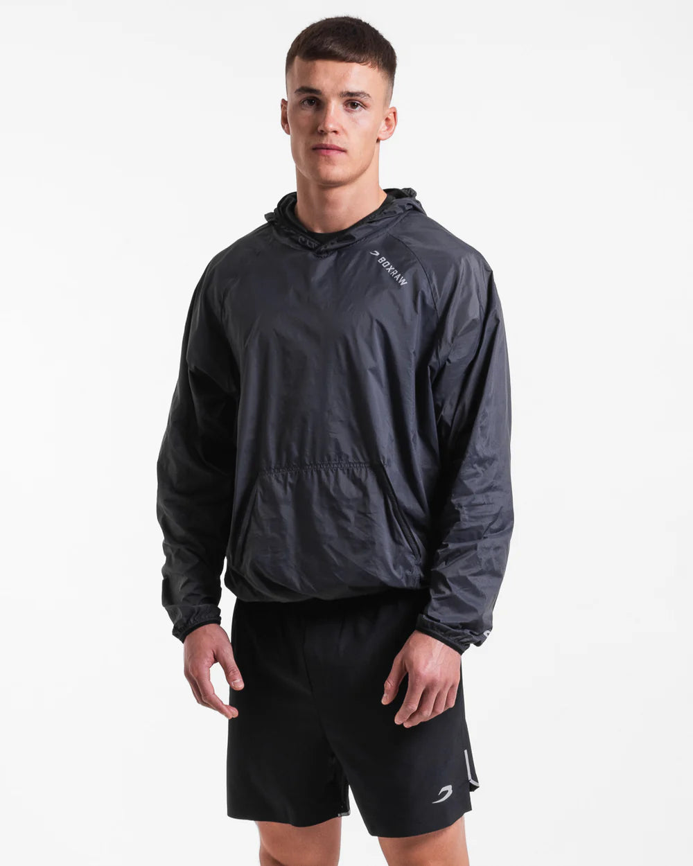 Boxraw Genaro Oversized Windbreaker Hoodie Black front view showing lightweight nylon design