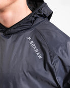 Reflective shoulder and back logo detail on Boxraw Genaro Windbreaker Hoodie Black