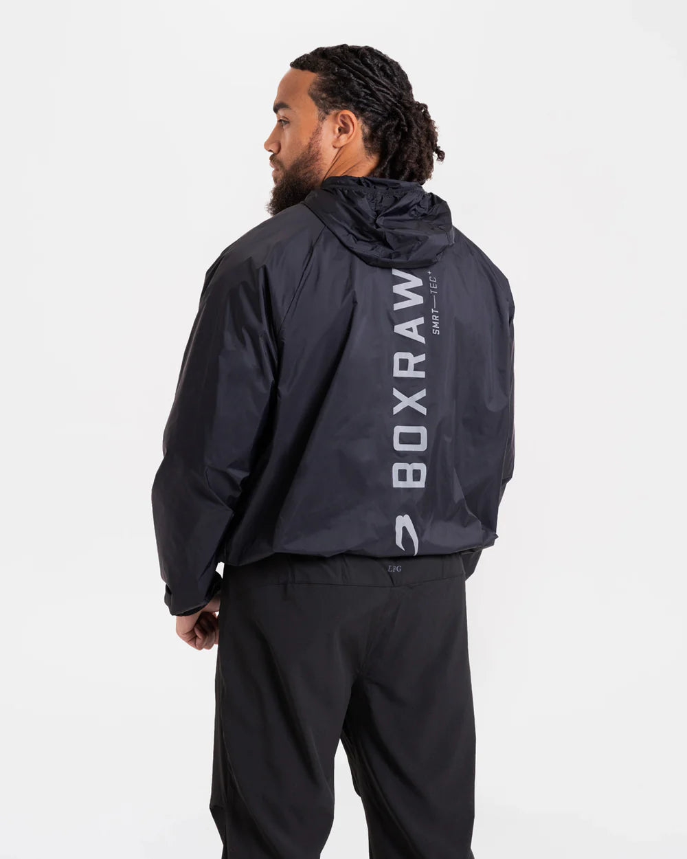 Back view of Boxraw Genaro Zip Up Windbreaker Black with reflective logo detail