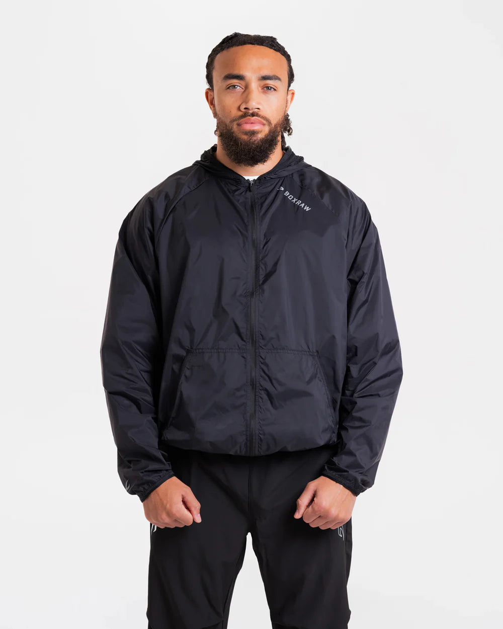 Boxraw Genaro Zip Up Windbreaker Black front view showing relaxed fit and lightweight nylon design