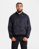 Boxraw Genaro Zip Up Windbreaker Black front view showing relaxed fit and lightweight nylon design