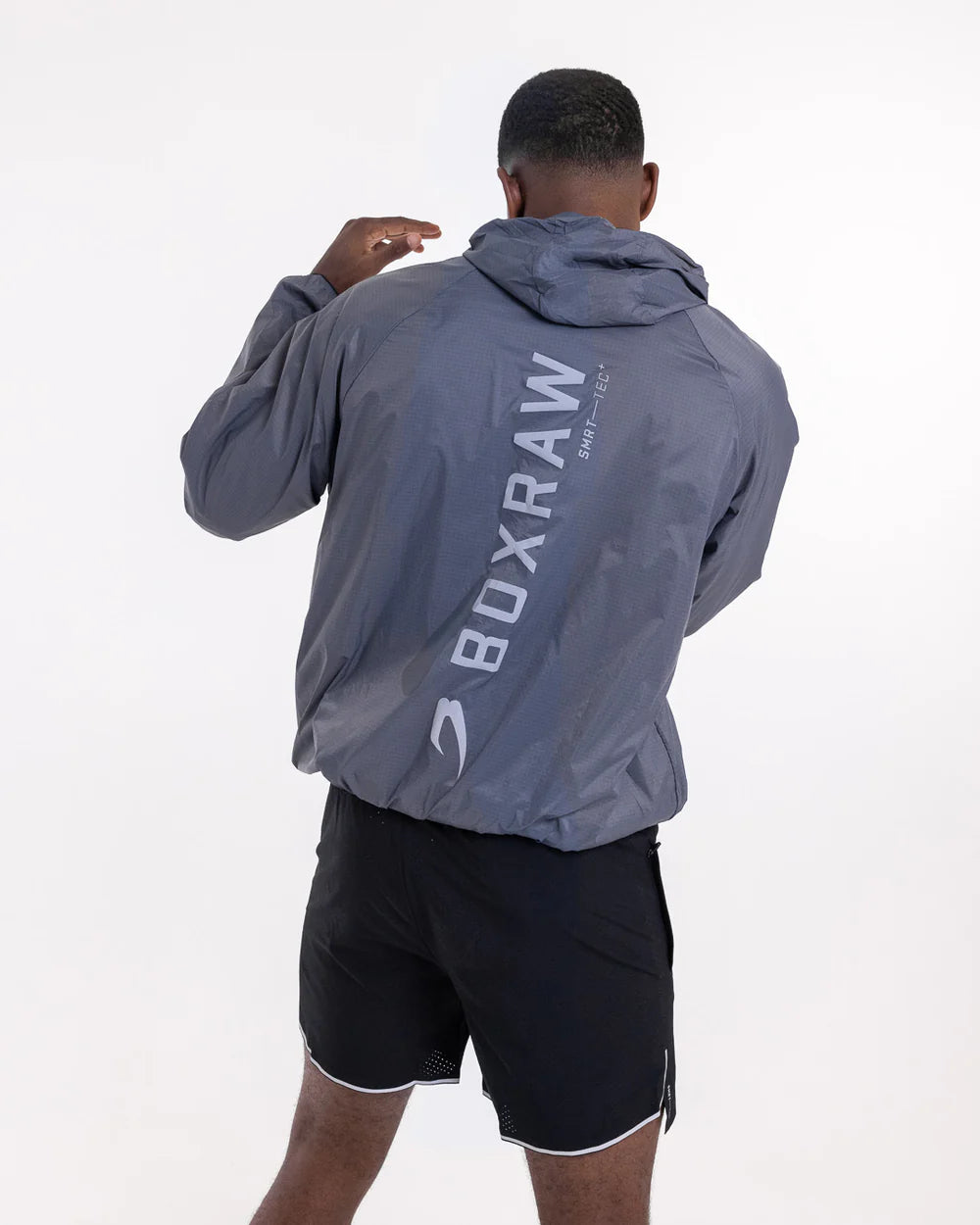 Back view of Boxraw Genaro Zip Up Windbreaker Charcoal with relaxed training fit