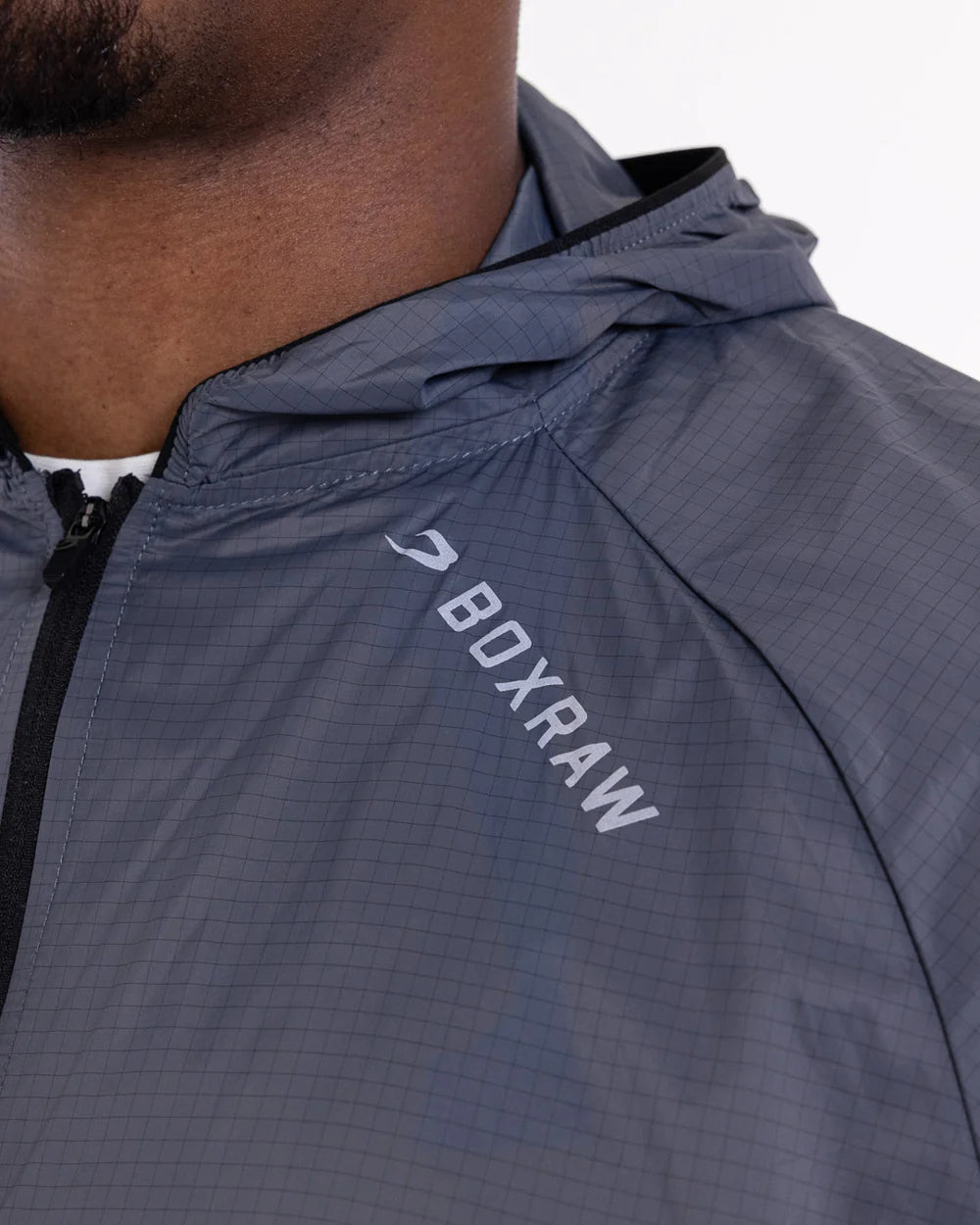 Reflective shoulder and back logo detail on Boxraw Genaro Zip Up Windbreaker Charcoal
