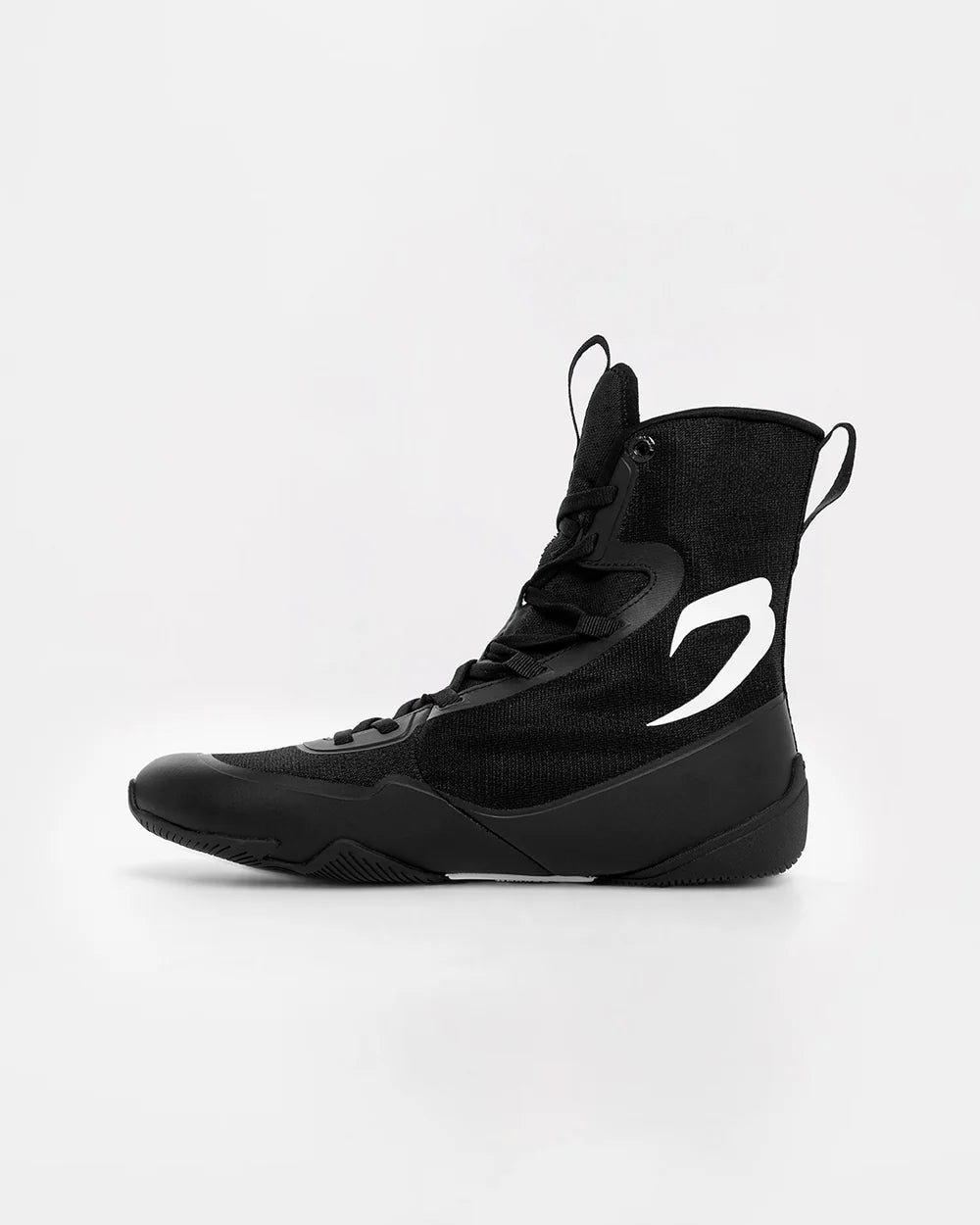 Lateral side view of Boxraw Impello 2.0 Black White boxing boots