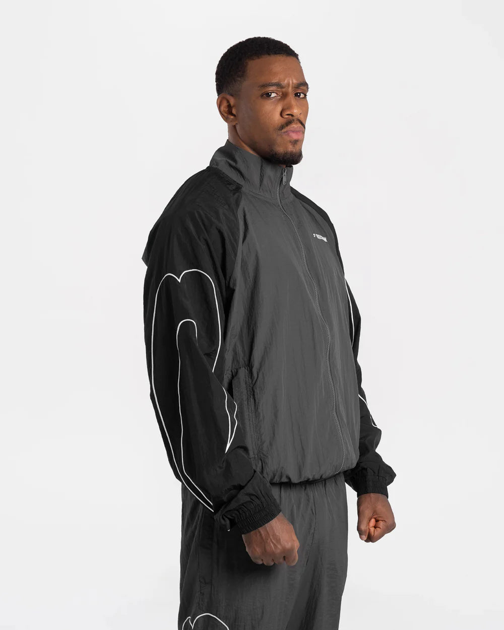 Boxraw Tunero Track Jacket Grey front view showing oversized fit and lightweight nylon shell