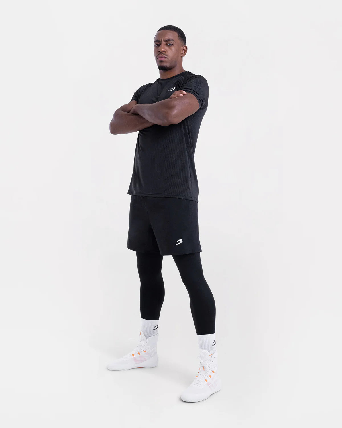 Full view of Boxraw Valdes Full Length Shorts Black showing 2-in-1 compression legging design