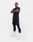 Full view of Boxraw Valdes Full Length Shorts Black showing 2-in-1 compression legging design