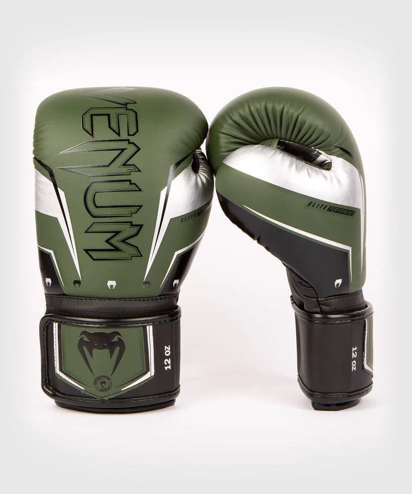 Venum Elite Evo Boxing Gloves - Khaki/Silver Image 1