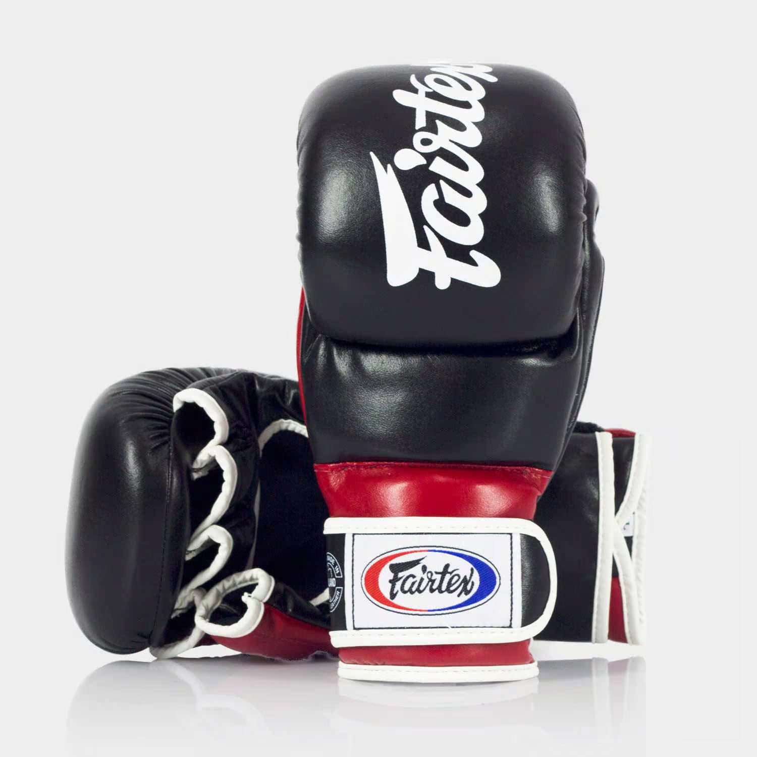Palm view of Fairtex FGV18 Super Sparring MMA Gloves Black Red showing MMA glove shape and grip area