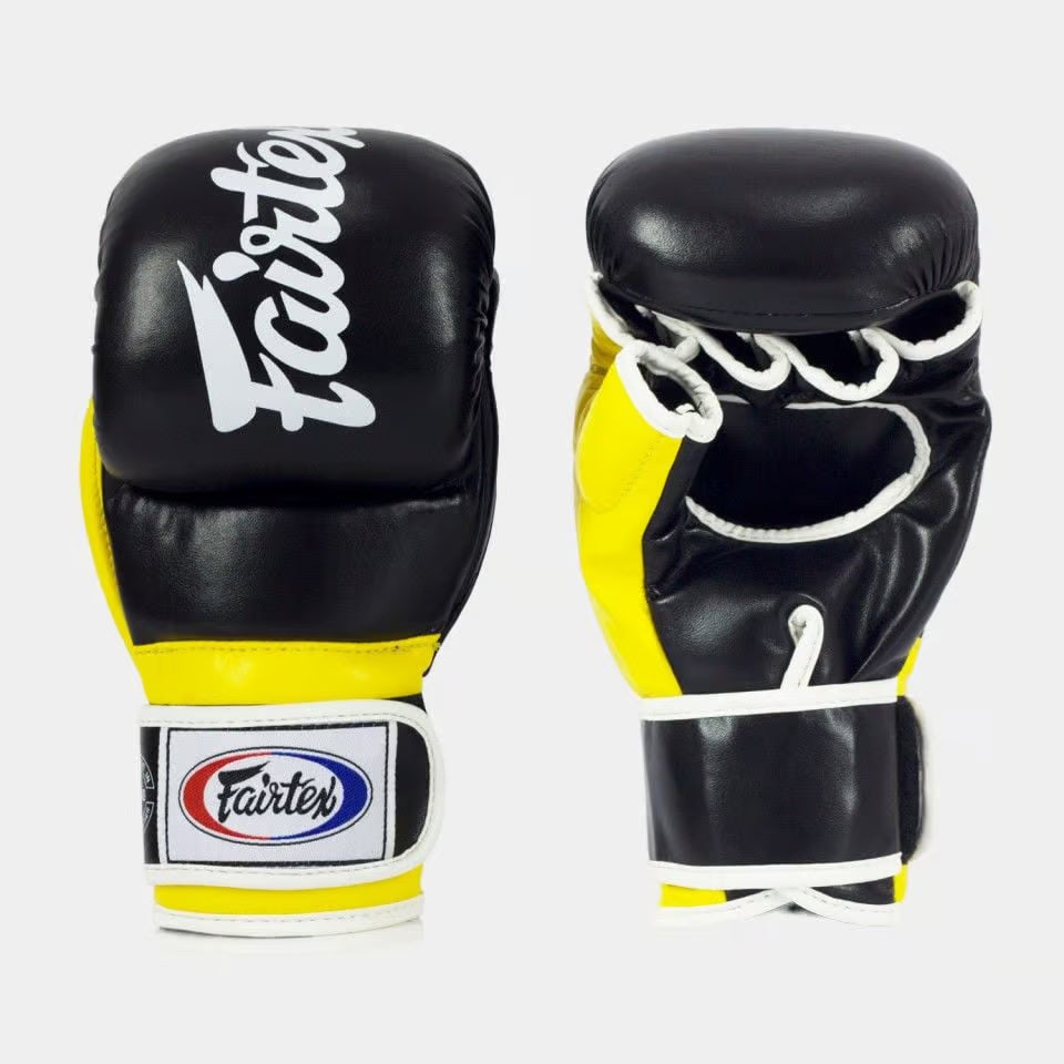 Fairtex FGV18 Super Sparring MMA Gloves Black Yellow front view showing padded hybrid MMA glove design