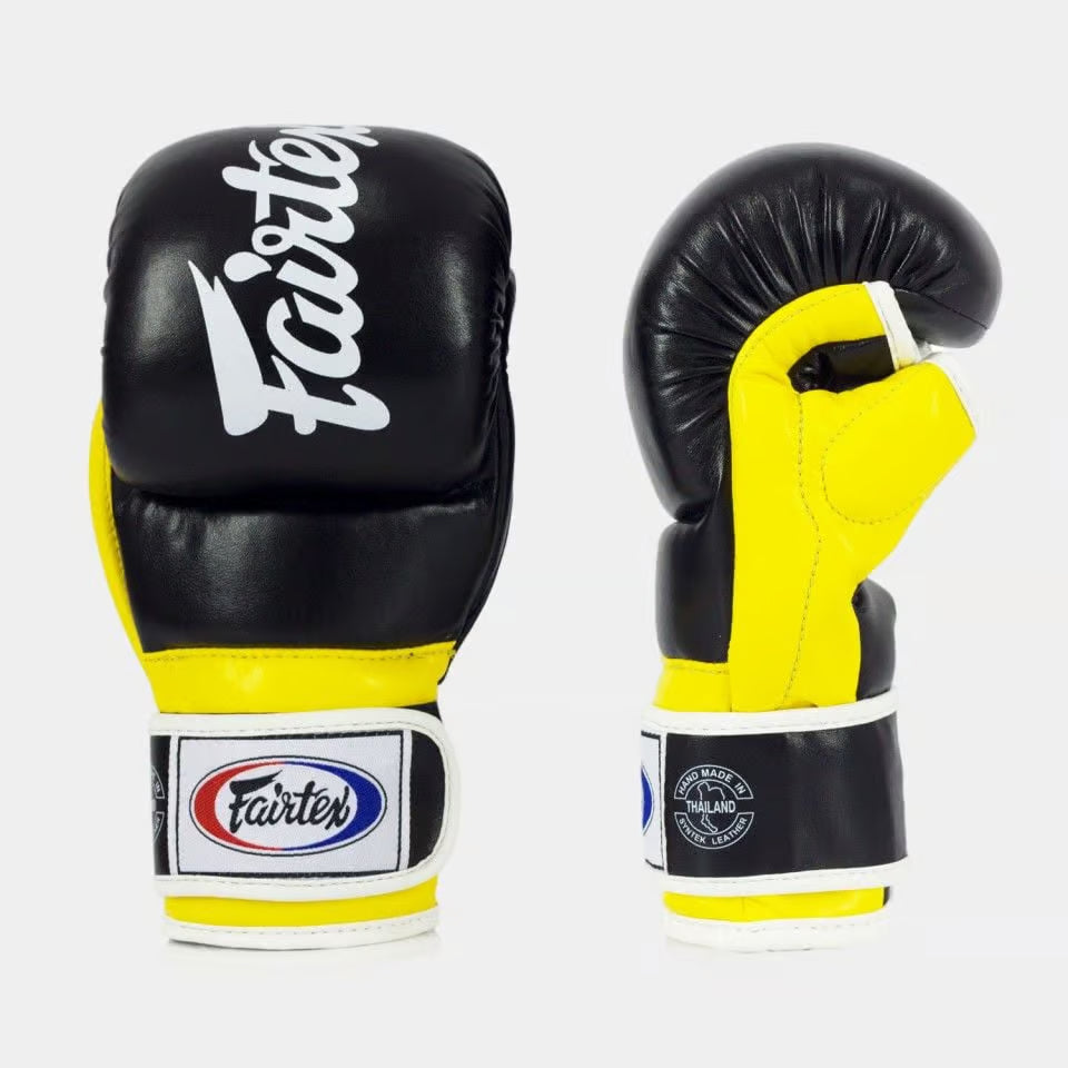 Palm view of Fairtex FGV18 Super Sparring MMA Gloves Black Yellow showing MMA glove shape and grip area