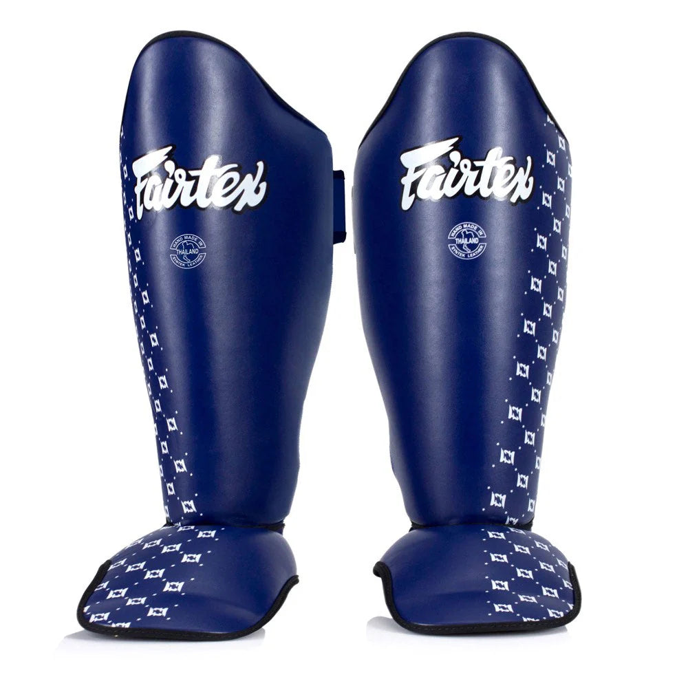 Fairtex Muay Thai Shin Guards Blue front view for kickboxing and sparring training