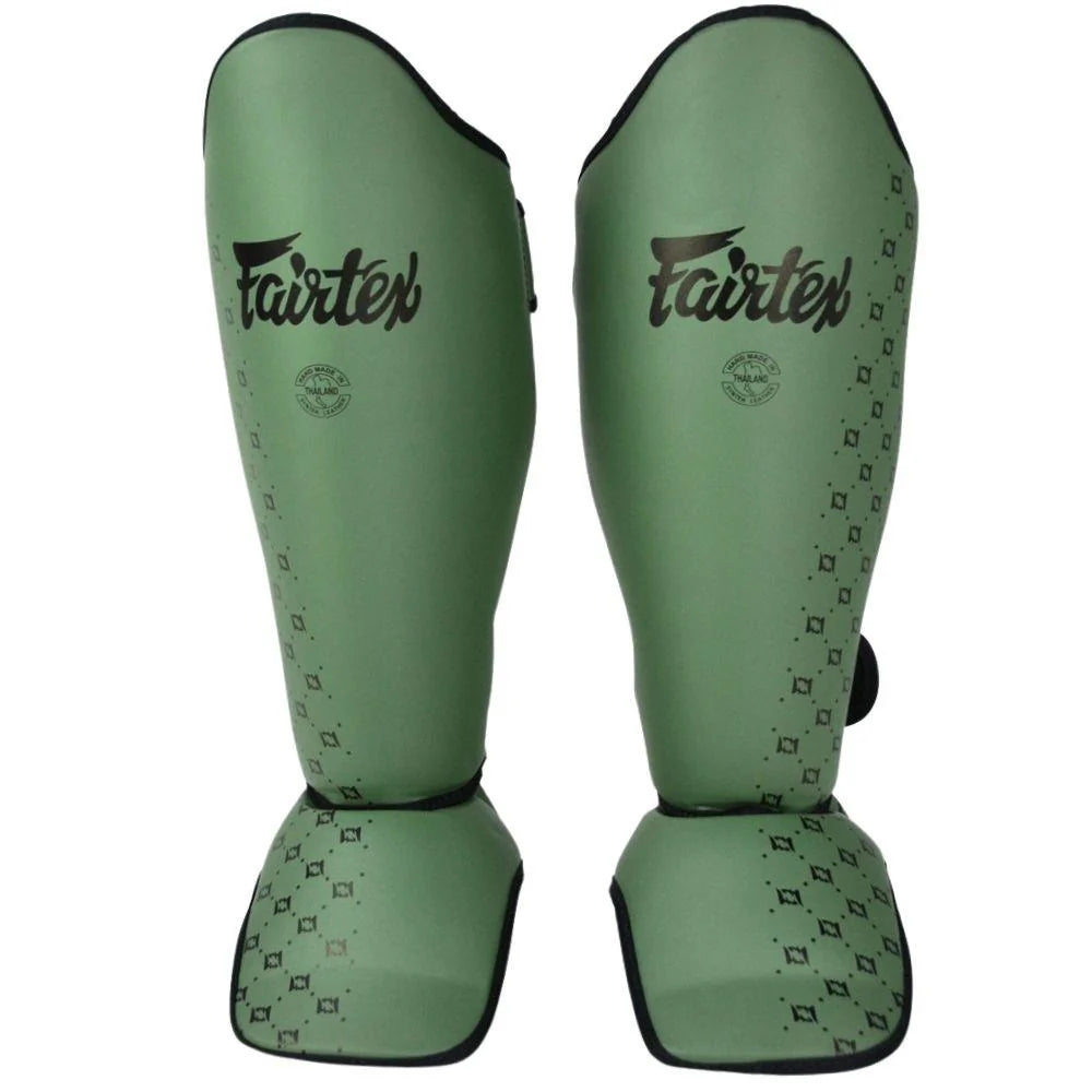 Front view of Fairtex SP5 Muay Thai shin guards in Olive Green showing shin and instep coverage