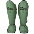 Front view of Fairtex SP5 Muay Thai shin guards in Olive Green showing shin and instep coverage