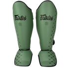 Front view of Fairtex SP5 Muay Thai shin guards in Olive Green showing shin and instep coverage