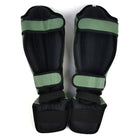 Rear view of Fairtex SP5 Olive Green shin guards showing the adjustable strap system