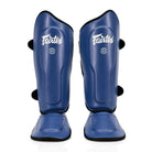 Side profile showing coverage of Fairtex SP9 shin guards blue