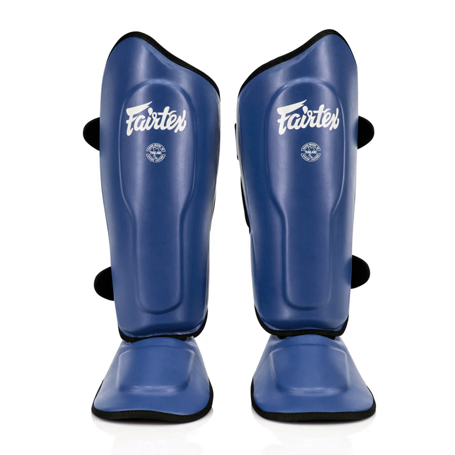 Side profile showing coverage of Fairtex SP9 shin guards blue