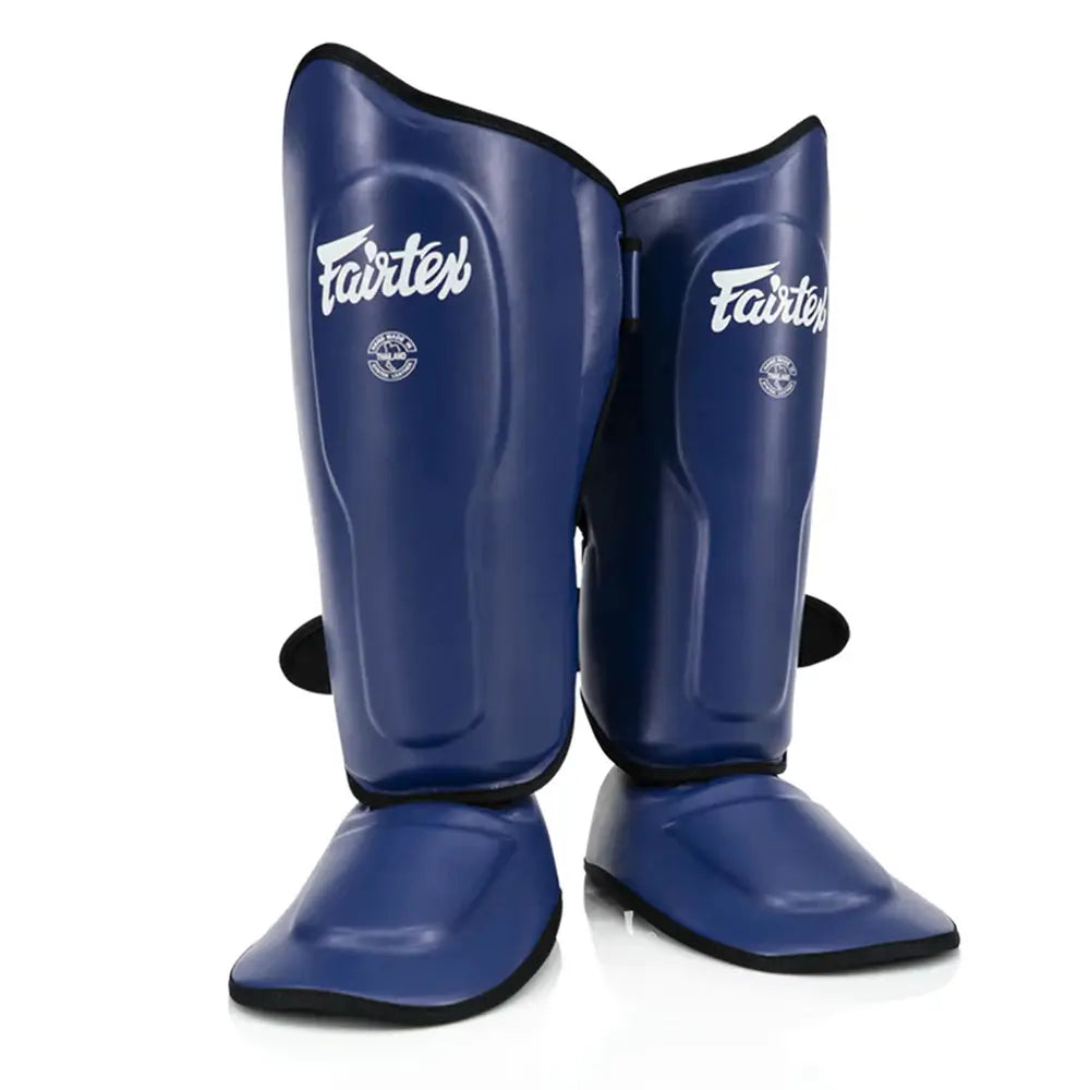 Front view of Fairtex SP9 Ultra Ergo shin pads in blue
