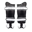 Rear angled view of White Fairtex Ultra Ergo Shin Guards showing the adjustable straps and contoured construction