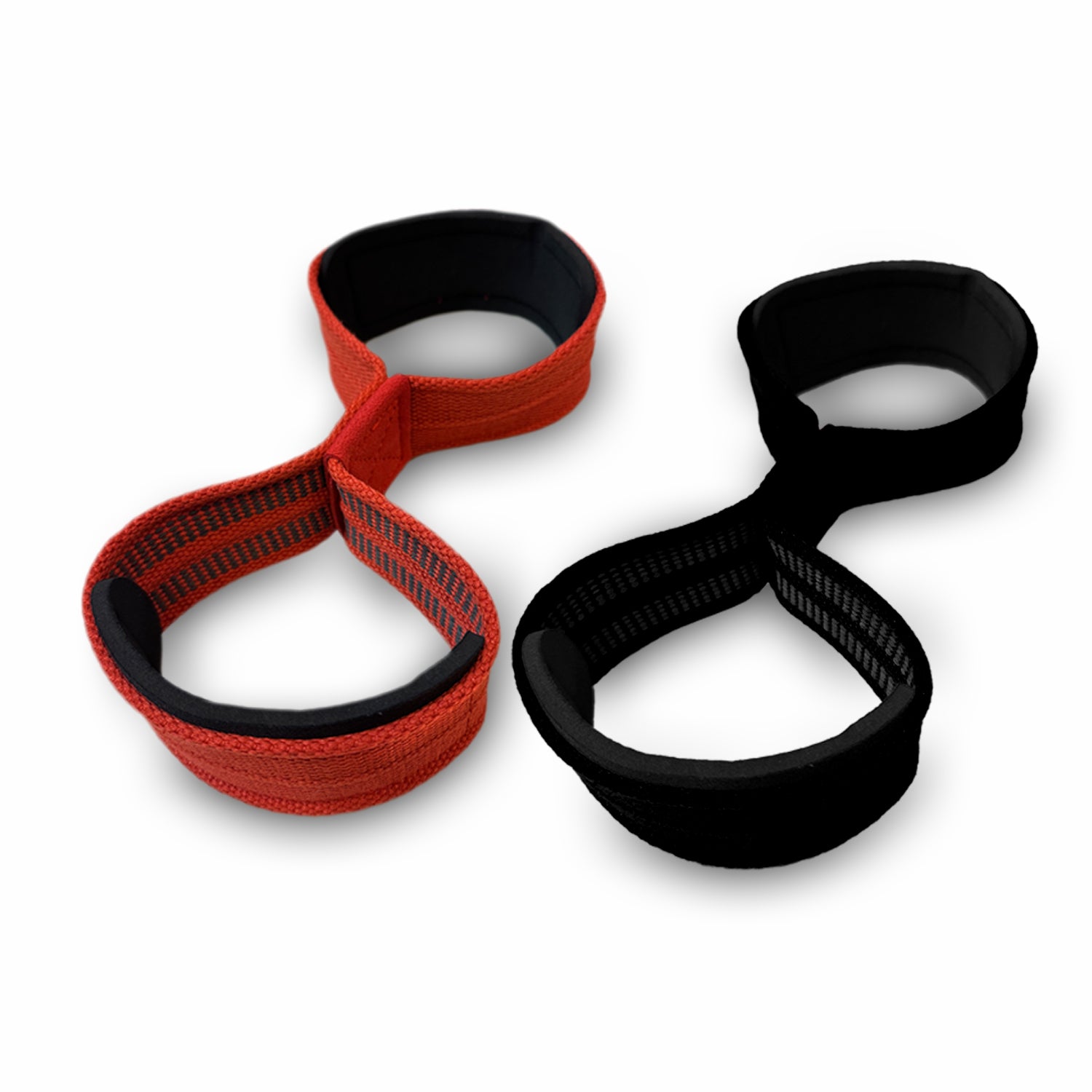 Pair of red and black figure 8 weightlifting straps on white background
