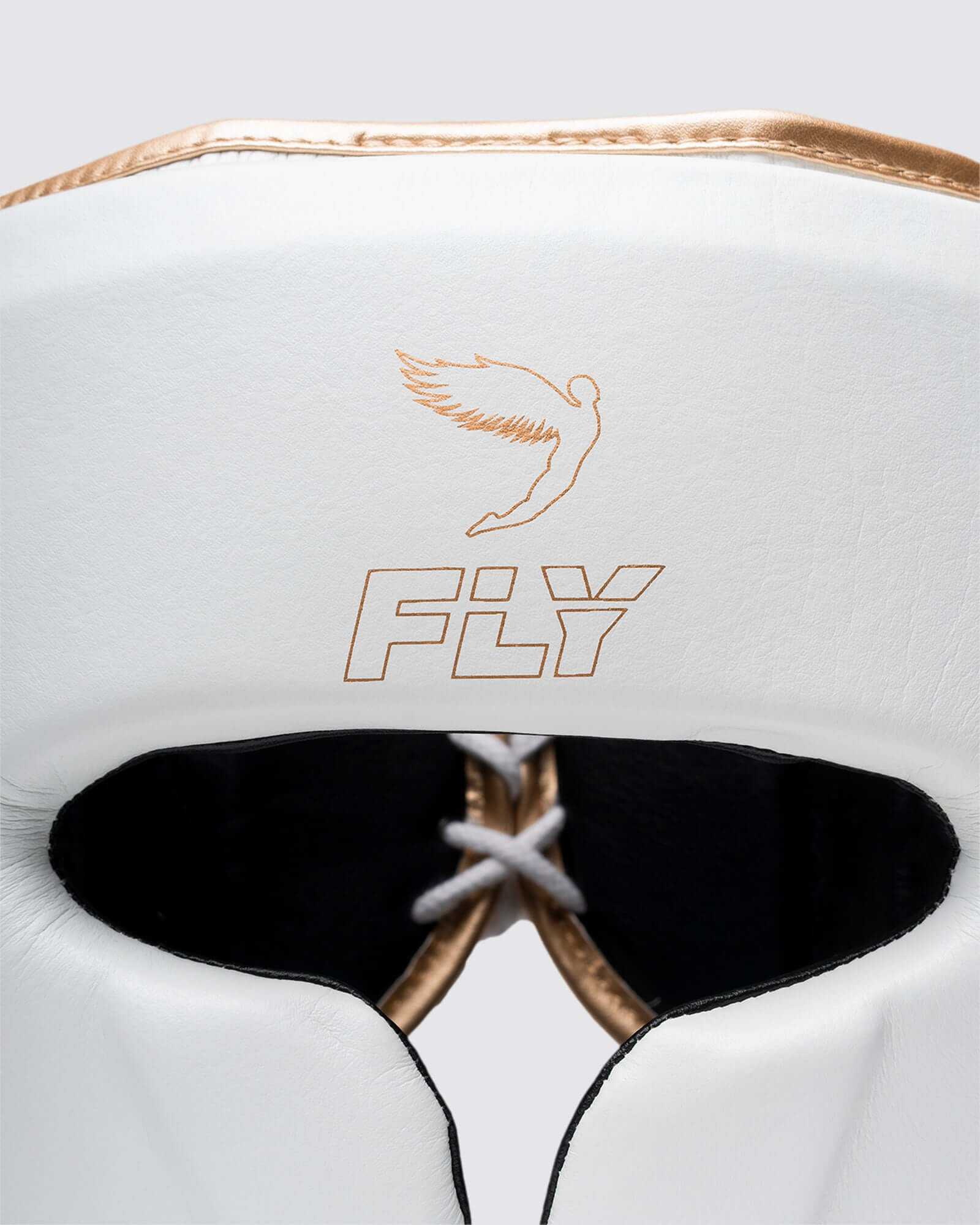Fly Knight X White Grey Gold head guard worn during boxing sparring