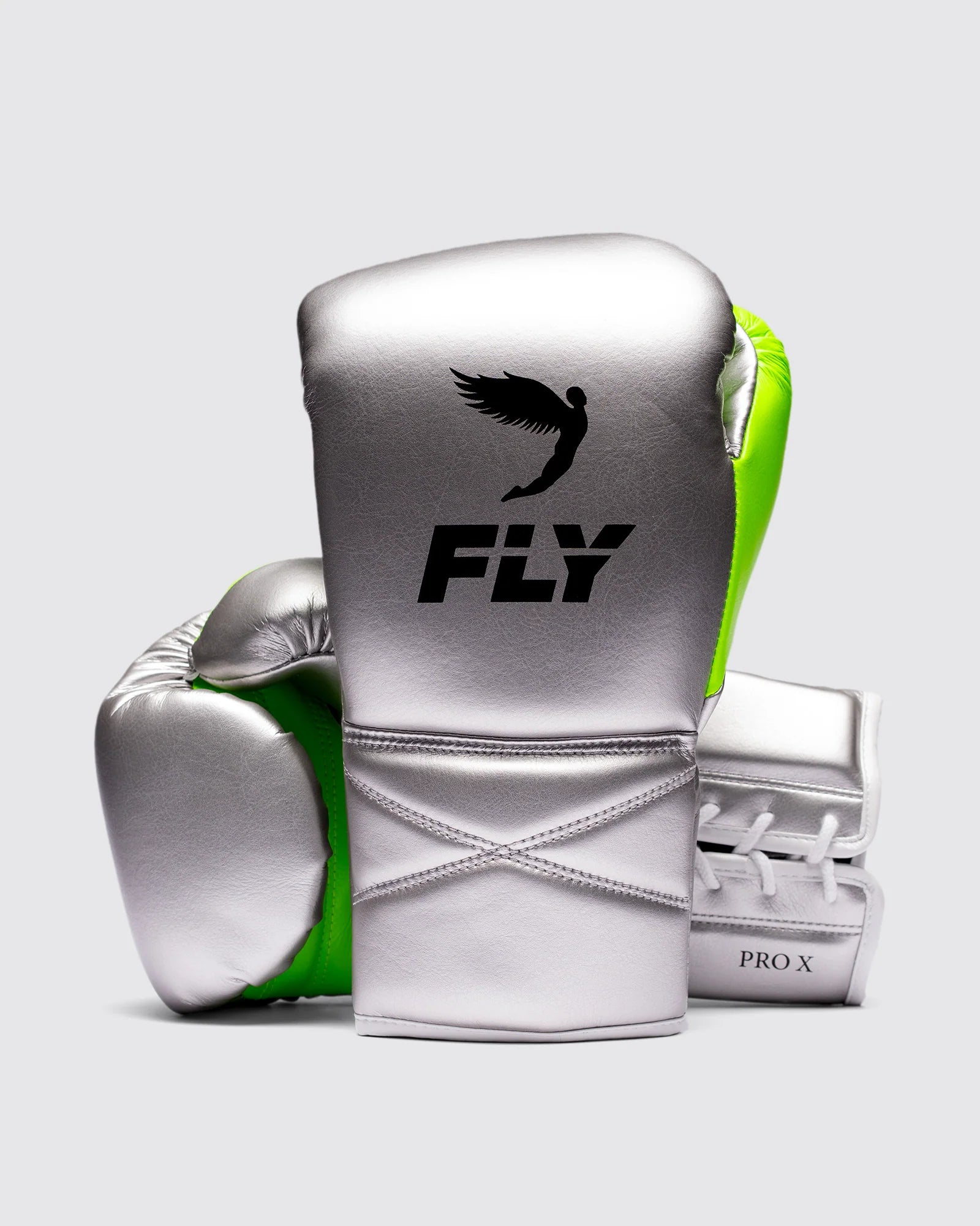 front view of Fly Superlace Pro X2 lace-up boxing gloves in Silver and Neon