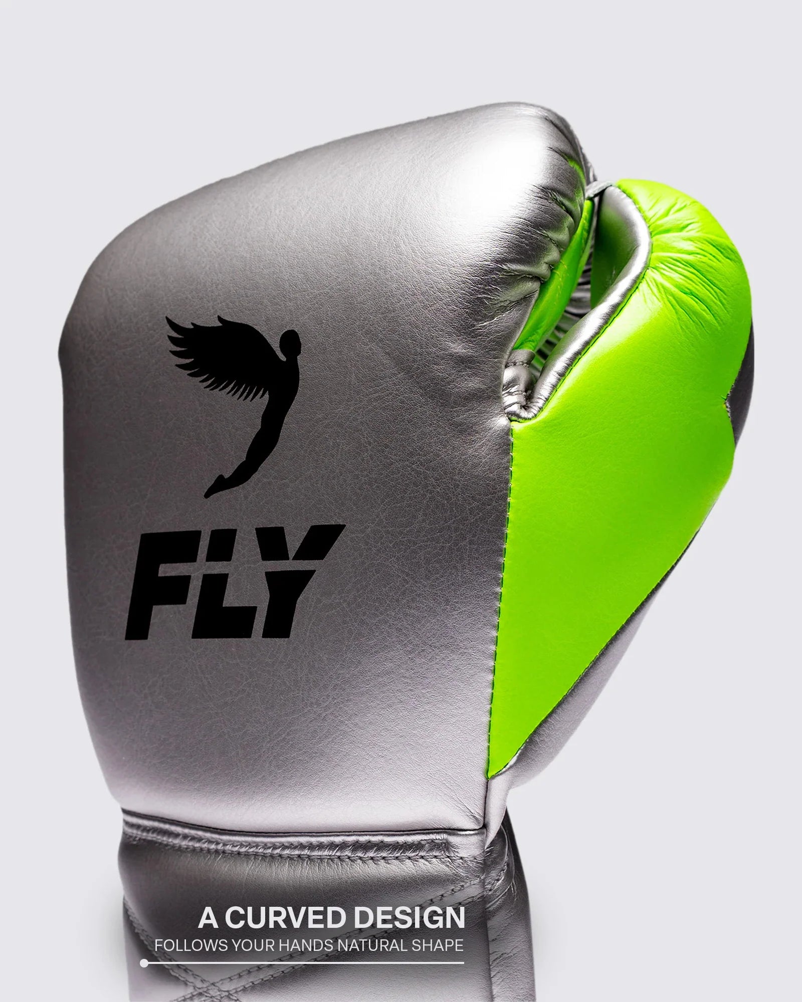 Side profile of Fly Superlace Pro X2 Silver/Neon lace-up boxing glove