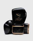 Front view of Fly Superloop Pro X2 boxing gloves in black and gold showing premium vegan leather finish.