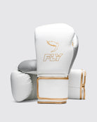 Front view of Fly Superloop Pro X2 boxing gloves in white, grey, and gold showing premium vegan leather finish.