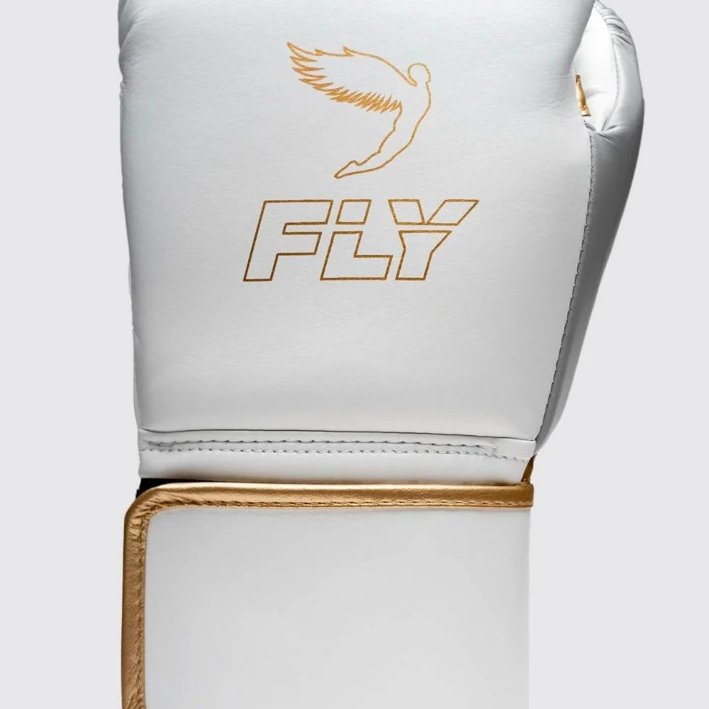 Signature Fly Icarus logo in gold detailing on white and grey boxing gloves.