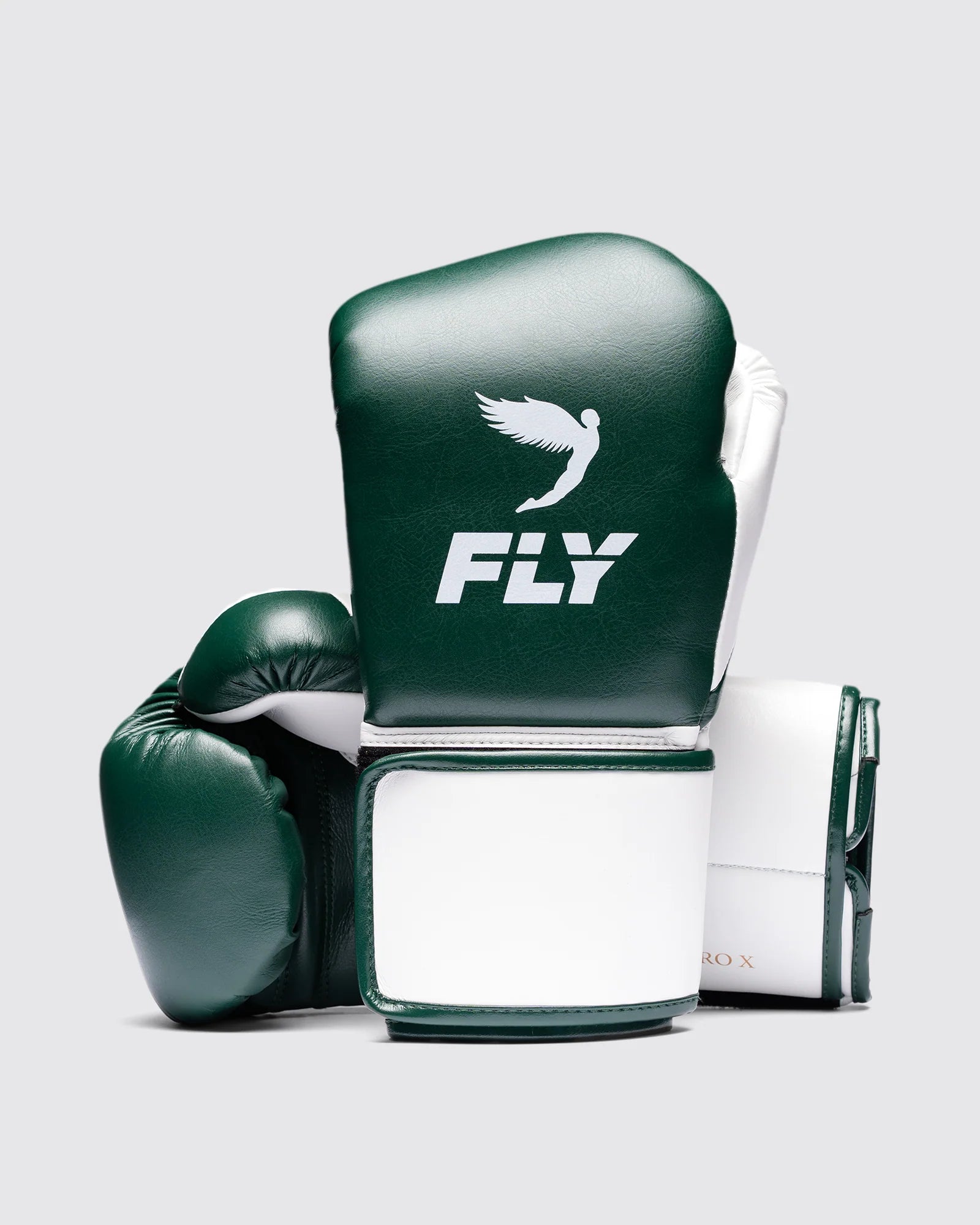 Front view of Fly Superloop Pro X2 boxing gloves in Pine Green and White