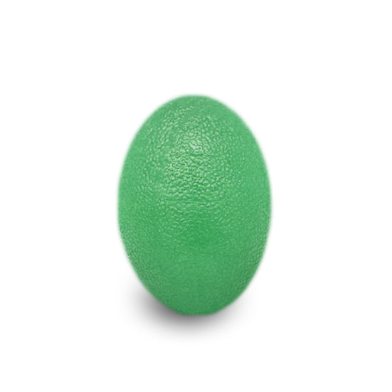 Green oval grip strength ball close-up showing silicone texture