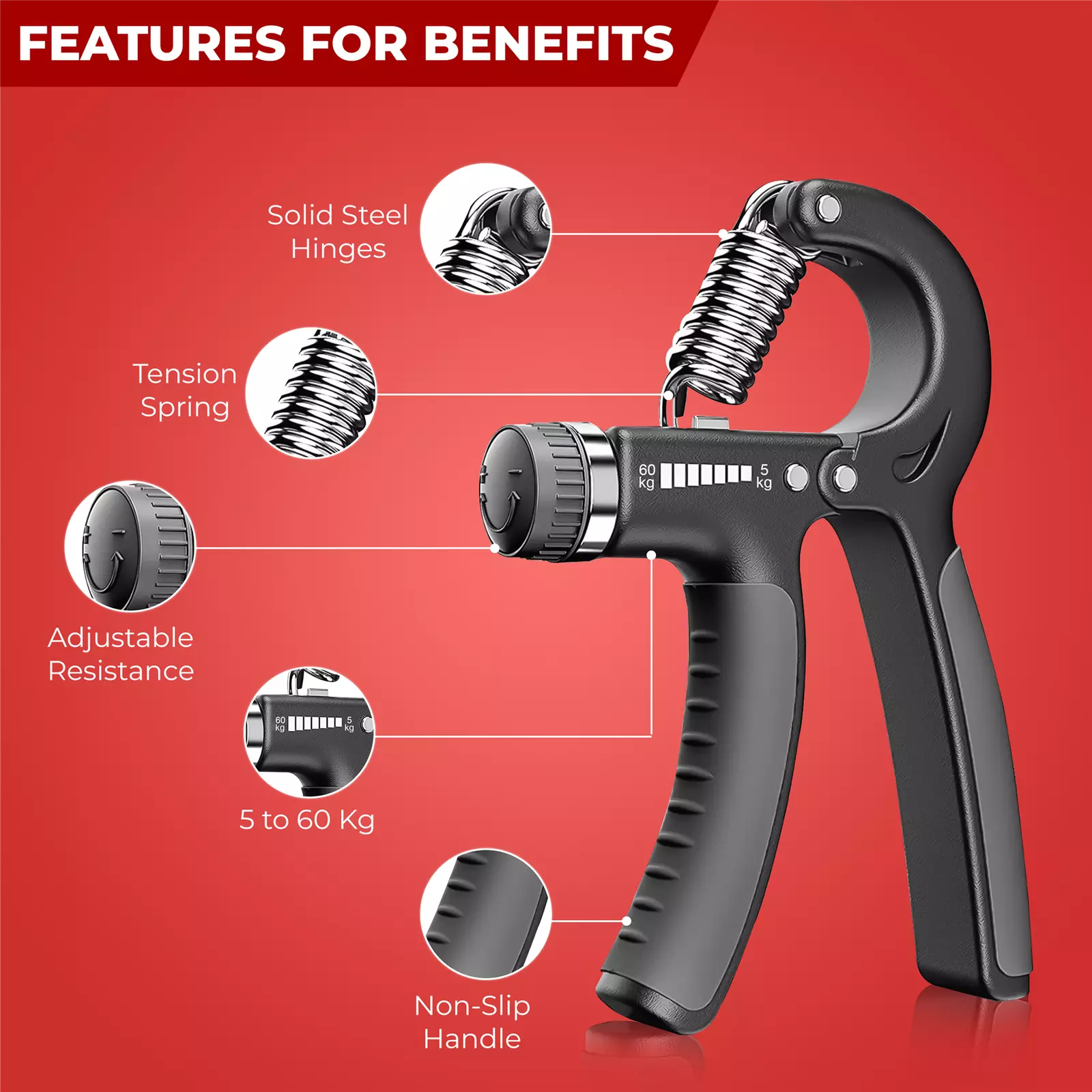 Side view of Sport adjustable hand gripper showing stainless steel spring and handle design